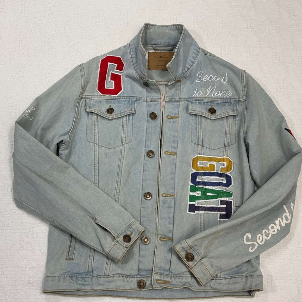 rue21 Womens Light Wash Denim Varsity Jacket Patches Reigning Champ GOAT Medium
